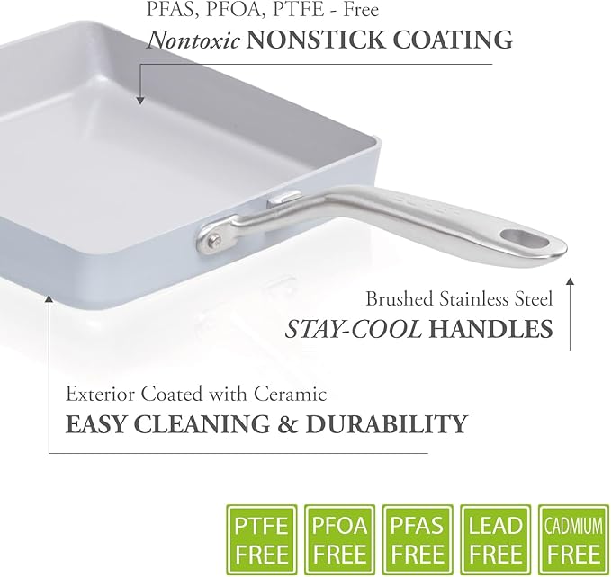 Tamagoyaki Omelet Pan, Ceramic Nonstick Aluminum, 8.5-Inch Silver