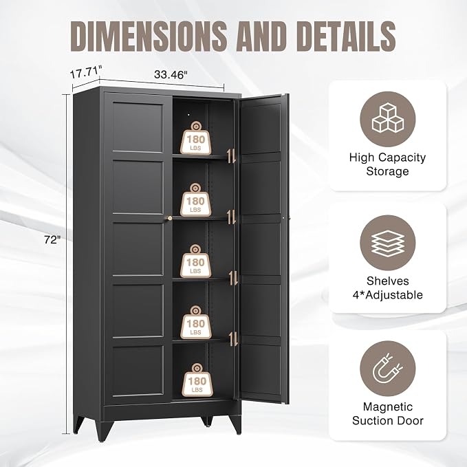 Pantry Cabinet, Black Metal, 72-Inch Tall with 2 Doors and 4 Adjustable Shelves