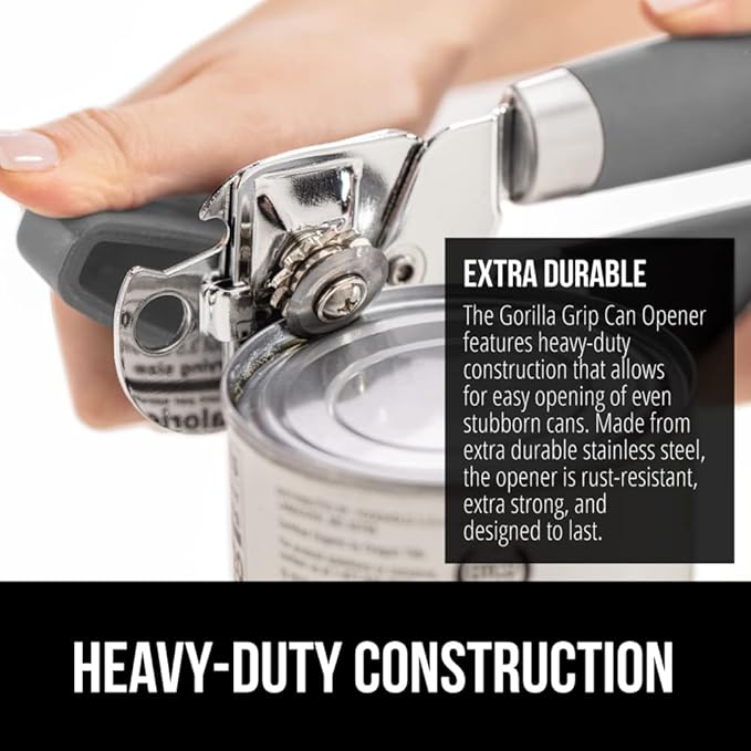 GORILLA GRIP Heavy Duty Stainless Steel Smooth Edge Manual Can Opener and Bottle Openers, Soft Comfortable Handle, Oversized Handheld Turn Knob, US Designed Multifunctional Kitchen Tool, Gray