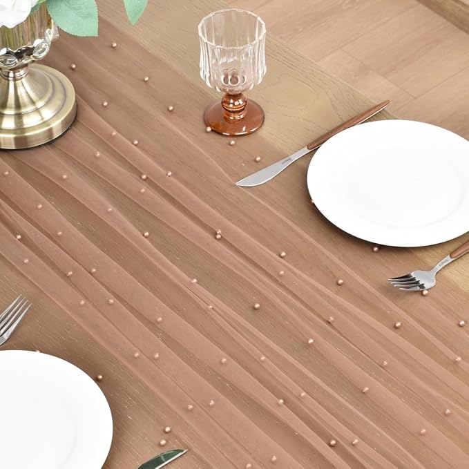Table Runner 10 Ft Coffee Tulle with Pearls, 4 Pack