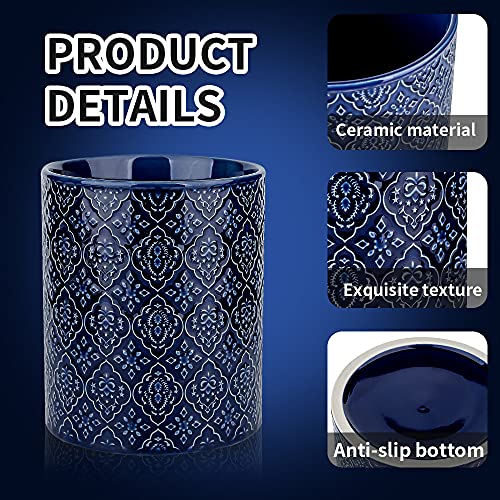 Ceramic Utensil Holder for Counter, 6 x 6 x 7 Inch Blue Embossed Crock