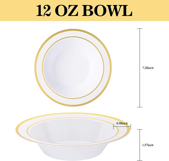 Disposable Bowls 12oz, 50 Count, White with Gold Rim