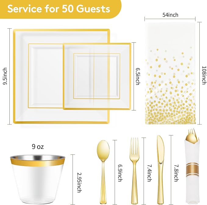 Plates Set, 352 Pieces, Clear Plastic with Gold Rim
