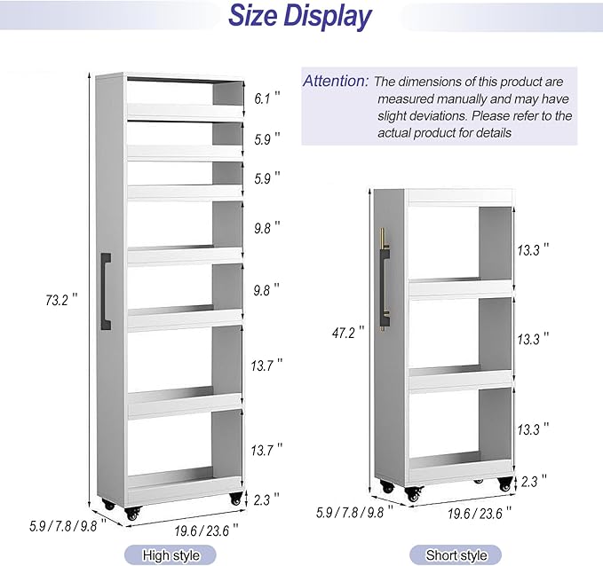 7-Tier Slim Storage Cart, Wooden Rolling Pantry Cabinet with Wheels, Narrow Shelf Organizer for Kitchen, Bakers Rack, Dining Room, Closet, Small Spaces Gray 73.2" H*9.8" W*23.6" D