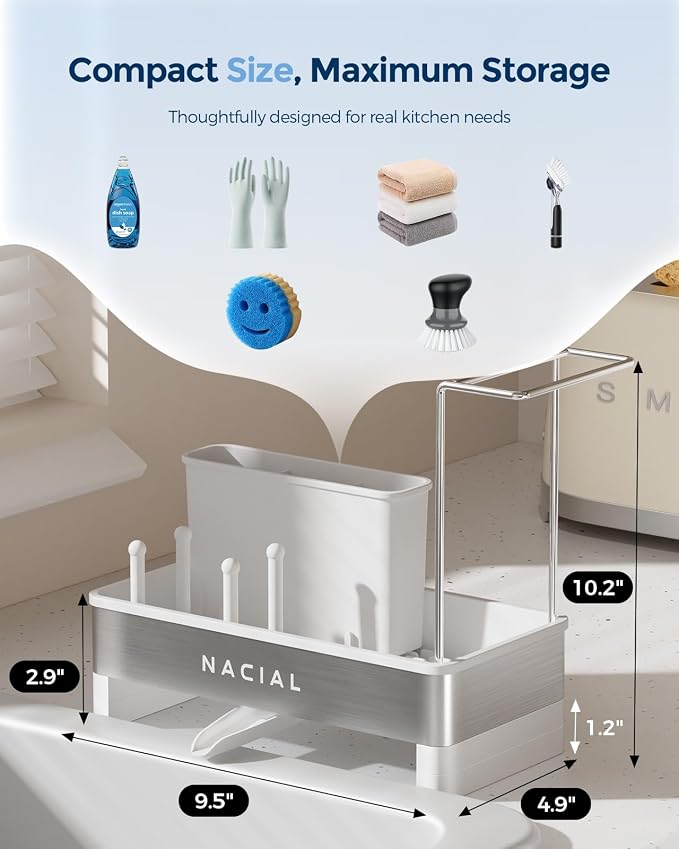 Kitchen Sink Sponge Holder, Stainless Steel Caddy with Brush Holder, White