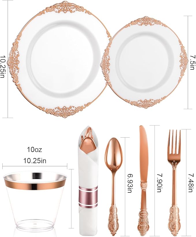 Plates Set with Rose Gold Border, Disposable Plastic, 350 Pieces