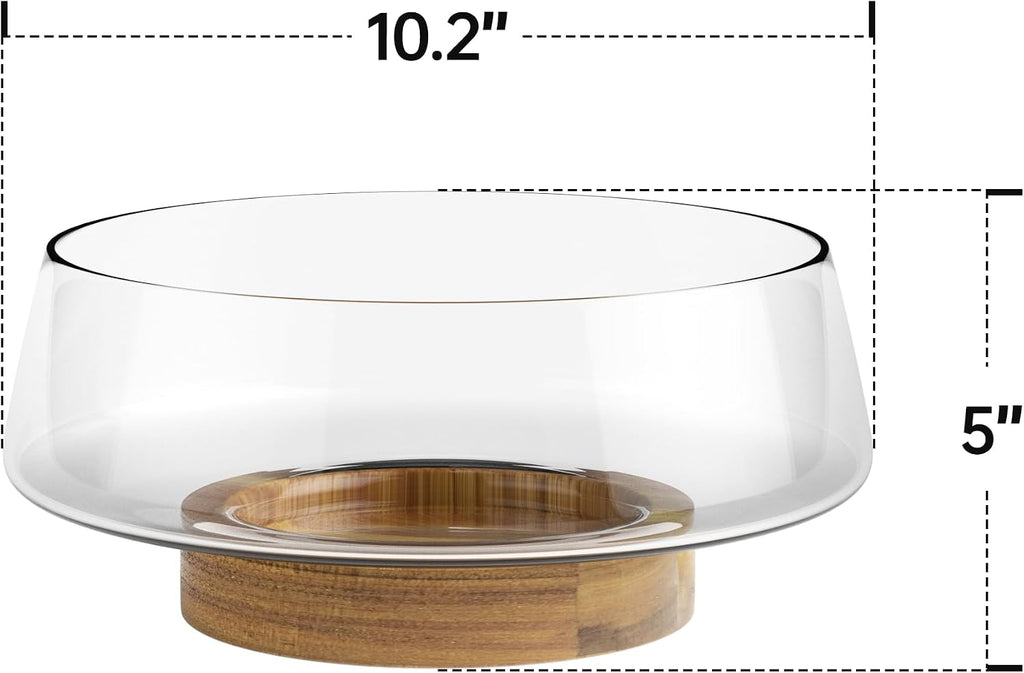 Salad Bowl, 10 lb Clear Glass with Acacia Wood Base, Serving Spoons