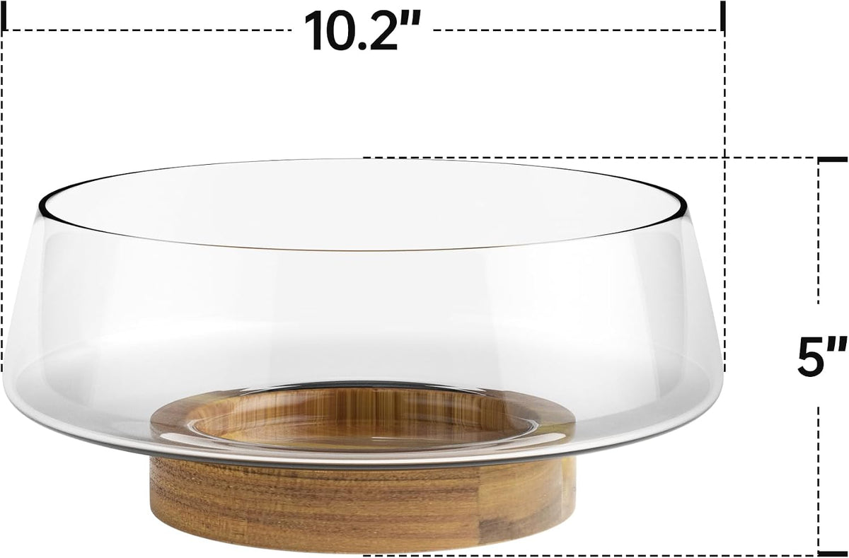 Salad Bowl, 10 lb Clear Glass with Acacia Wood Base, Serving Spoons
