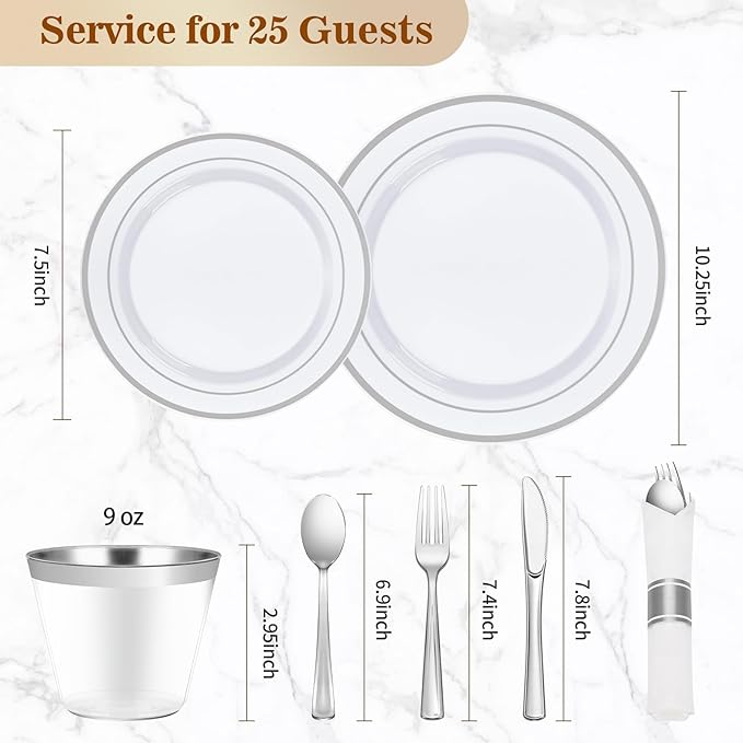 Plastic Party Dinnerware Set, 175 Pieces, White with Gold Rims
