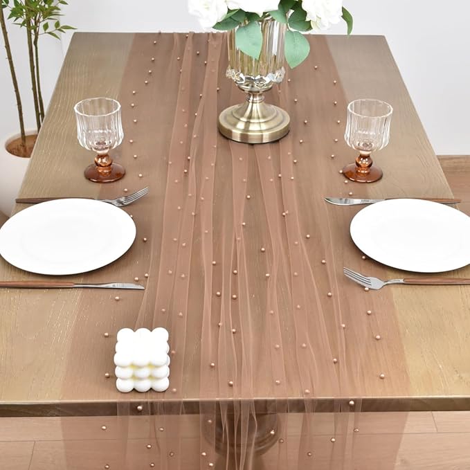 Table Runner 10 Ft Coffee Tulle with Pearls, 4 Pack
