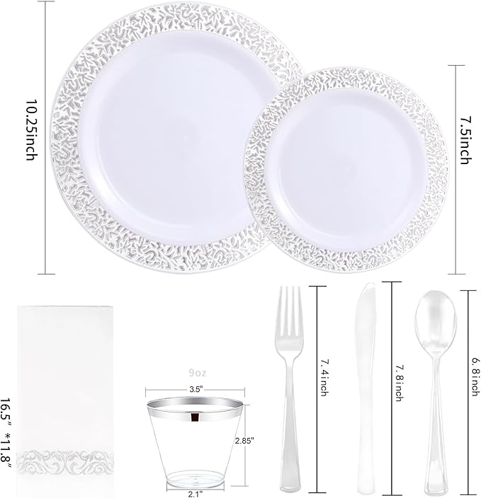 Plates for 50 Guests in Round Silver Plastic, High-Gloss Finish