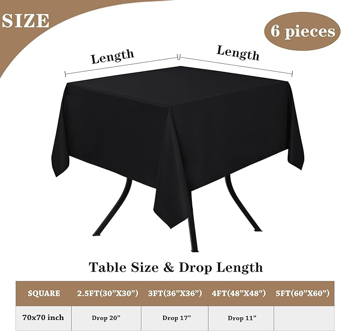Square Polyester Tablecloths, 70 x 70 Inch, Black