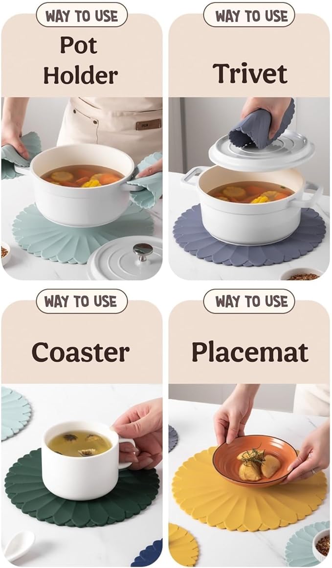 Heat-Resistant Silicone Trivet Mats, Non-Slip Hot Plate Holder for Kitchen Countertops & Dining Table, Reusable Pot Holder Pad with Secure Grip, Dishwasher Safe (Blue, Diameter: 30cm/11.81")