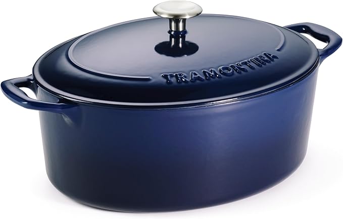 Tramontina Bestow Enameled Cast Iron Oval Dutch Oven Pot with Lid, Large 7-quart, Blue