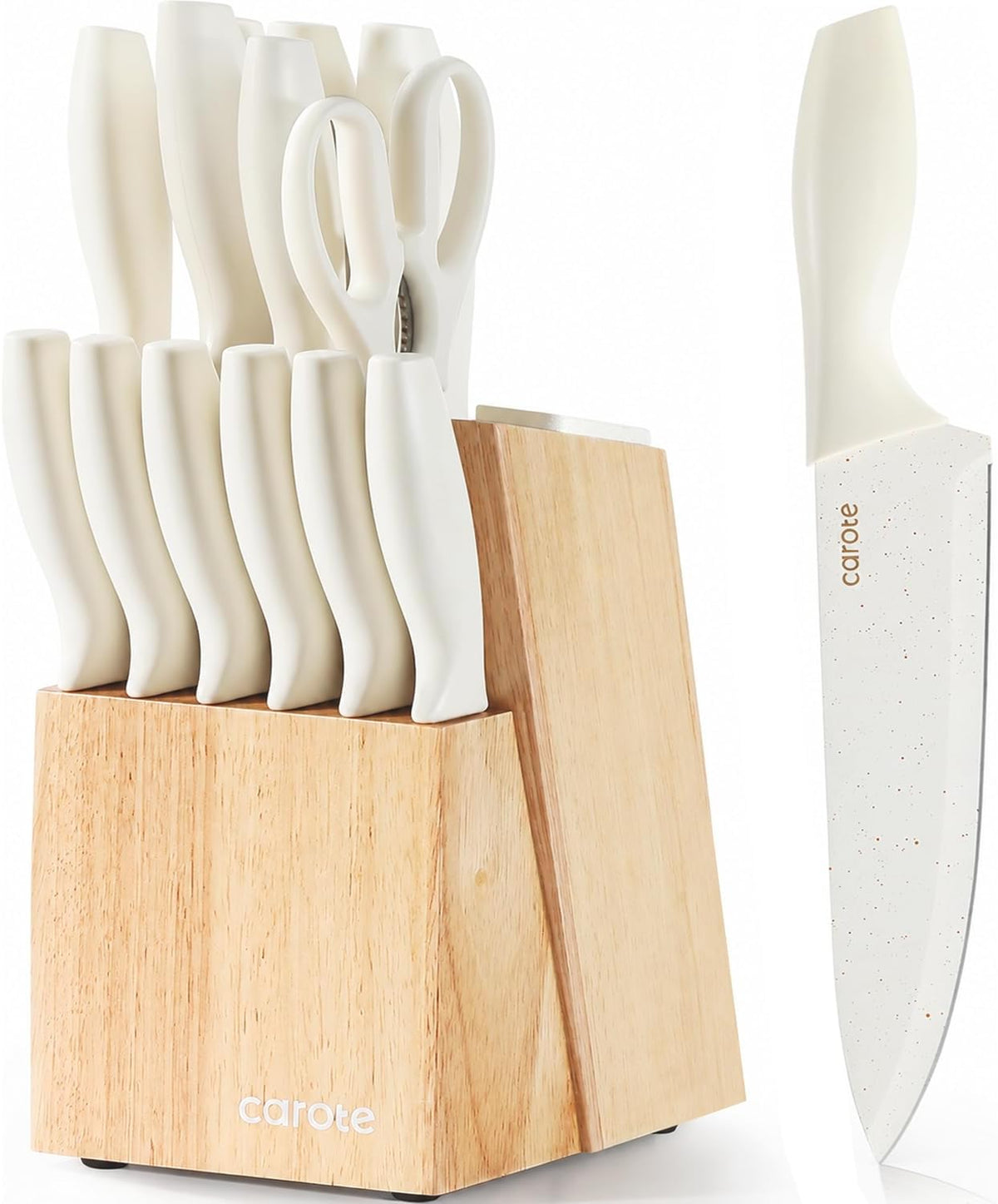 15-Piece Knife Set, Wood Block with Built-In Sharpener, Cream