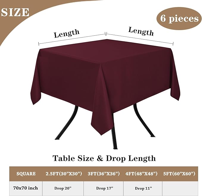 Square Polyester Tablecloths 70 x 70 Inch, Burgundy, Pack of 6