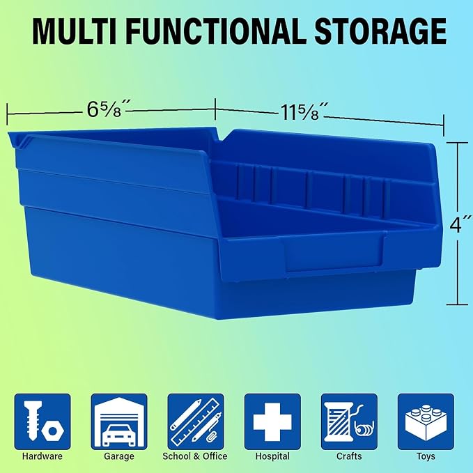 Plastic Shelf Bins 12-Pack, Blue Heavy Duty Storage Bins for Shelves