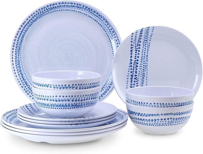 Melamine Dinnerware Set for 4, 12-Piece Blue Raindrop Plates and Bowls