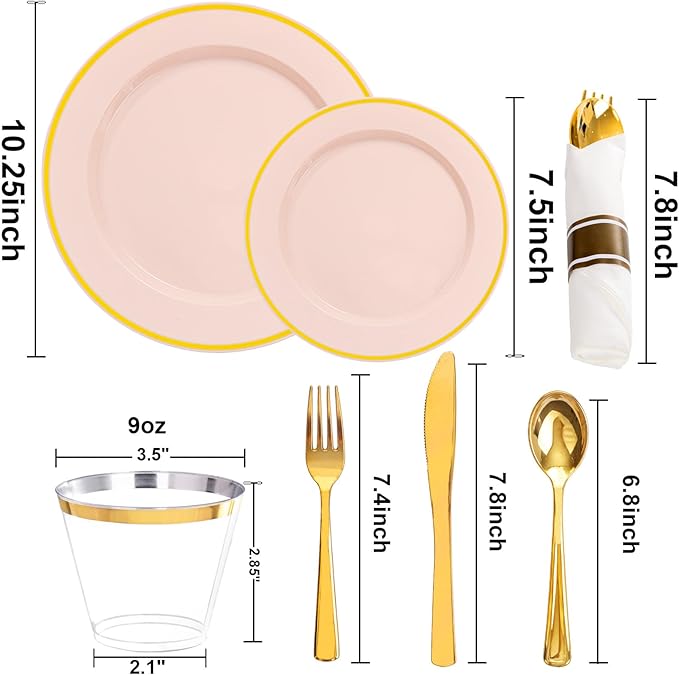 Disposable Plates Set in Pink and Gold, 350 Pieces for 50 Guests