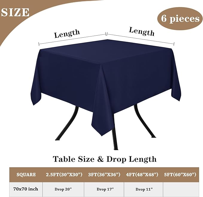 Tablecloths in Navy Polyester, 70 x 70 Inch Square, Pack of 6