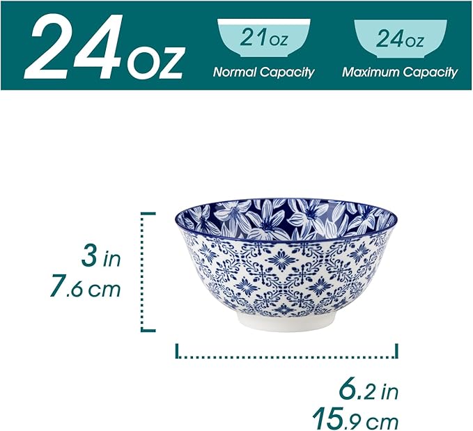 Cereal Bowls Set of 6, 24 oz Blue and White Floral Porcelain