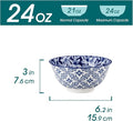 Cereal Bowls Set of 6, 24 oz Blue and White Floral Porcelain