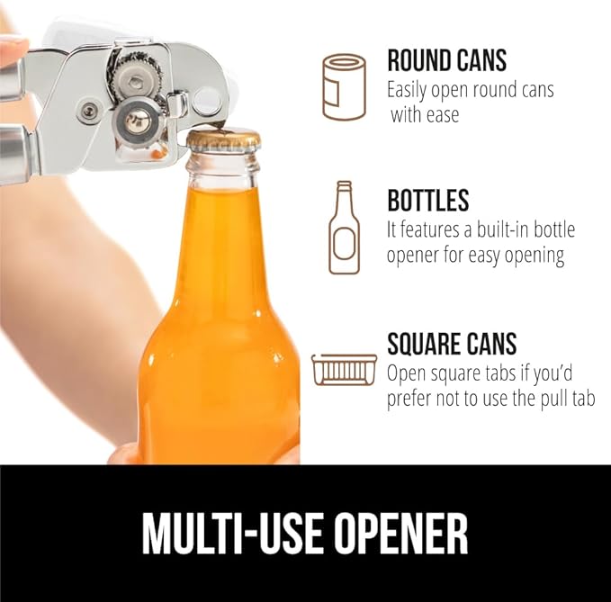 GORILLA GRIP Heavy Duty Stainless Steel Smooth Edge Manual Can Opener and Bottle Openers, Soft Comfortable Handle, Oversized Handheld Turn Knob, US Designed Multifunctional Kitchen Tool, White