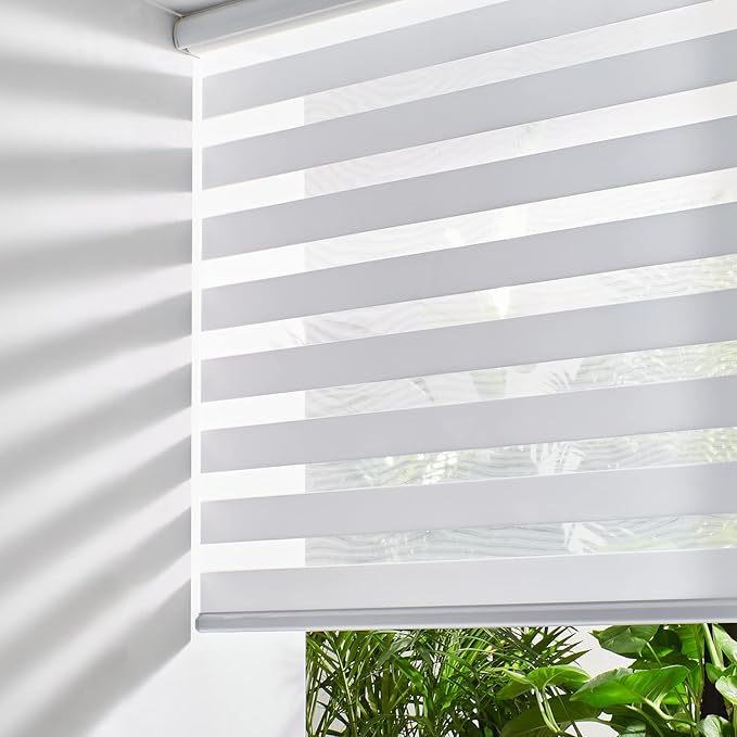 Persilux Cordless Zebra Blinds for Windows Shades (19" W x 47" H, White) Dual Layer Fabric Light Control for Day and Night Room Darkening Sheer Roller Shades for Home, Bedroom and Office