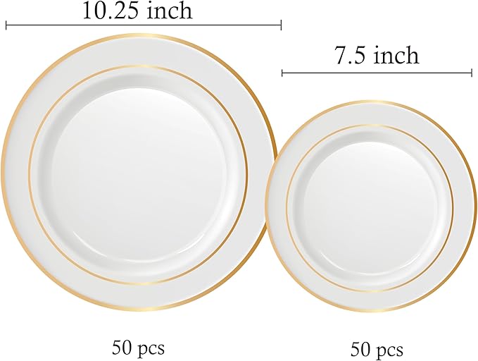 Plates Set with Gold Rim, 100 Pieces, BPA-Free Plastic
