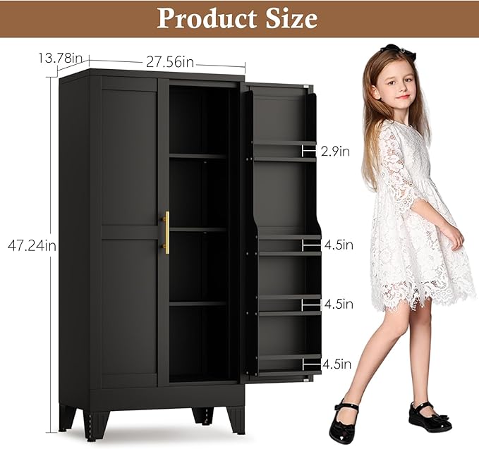 Pantry Cabinet with 2 Doors and 3 Adjustable Shelves, Black Steel