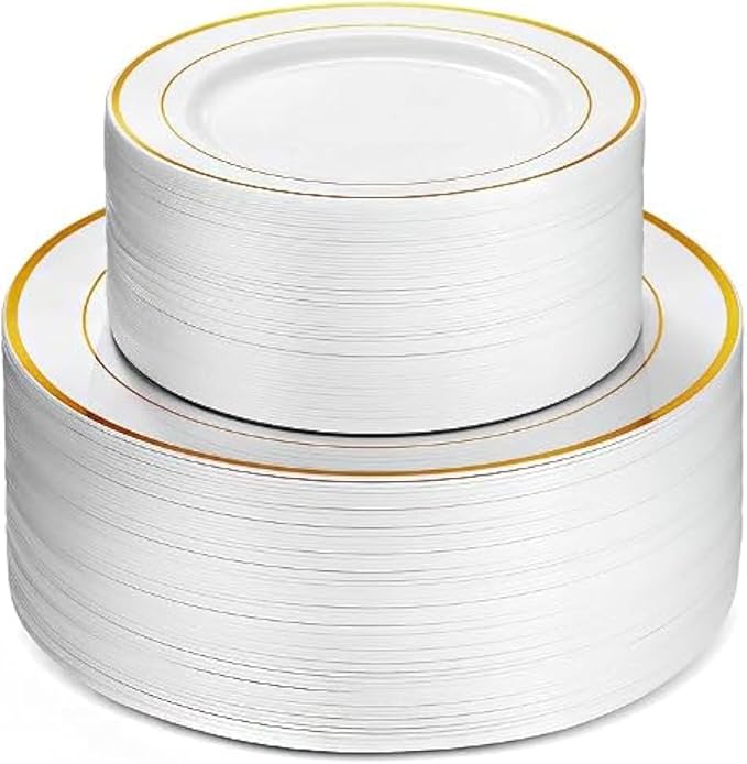 Plates Set with Gold Rim, 100 Pieces, BPA-Free Plastic