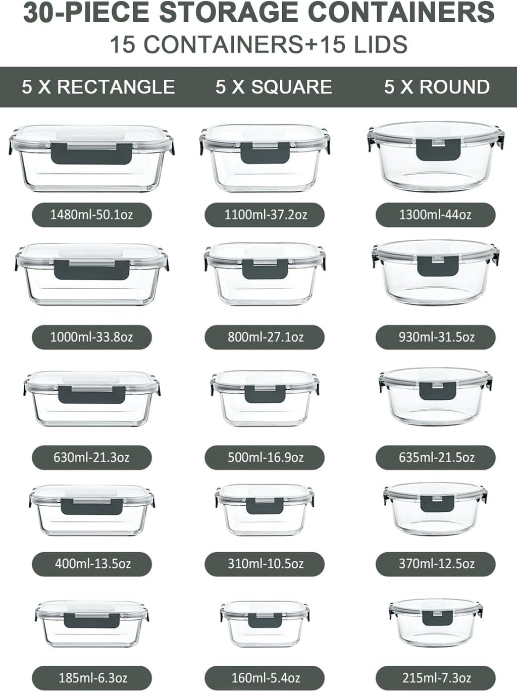 30 Piece Extra Large Glass Food Storage Containers with Lids,Gray – close-up