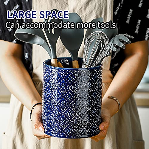 Kitchen Utensil Holder, Large Utensil Holders for Countertop, 6 x 7 Inches Ceramic Utensil Crock, Deep and Stable, Cooking Utensil Holder, Embossed Pattern (BLue) - view 5