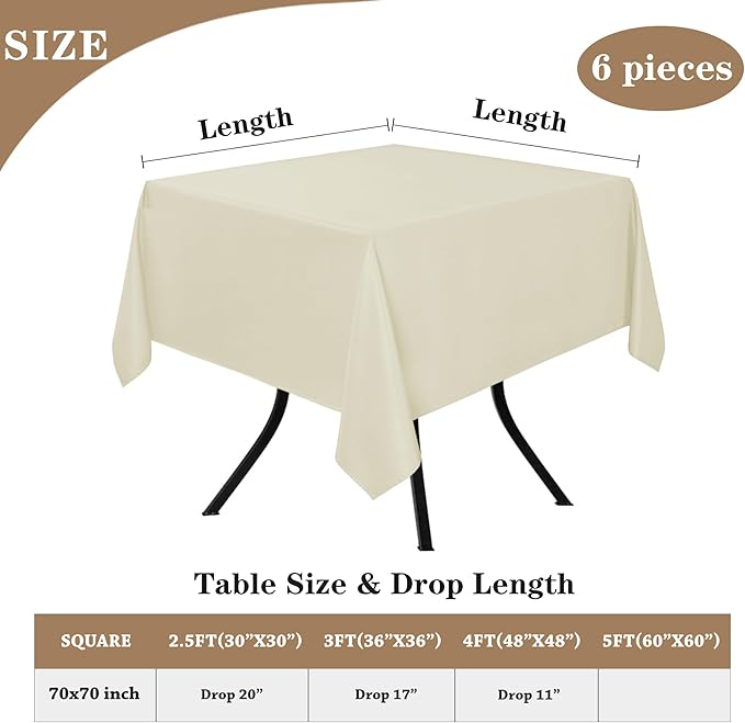 Square Tablecloths, 6-Pack, Ivory Polyester, 70 x 70 Inch