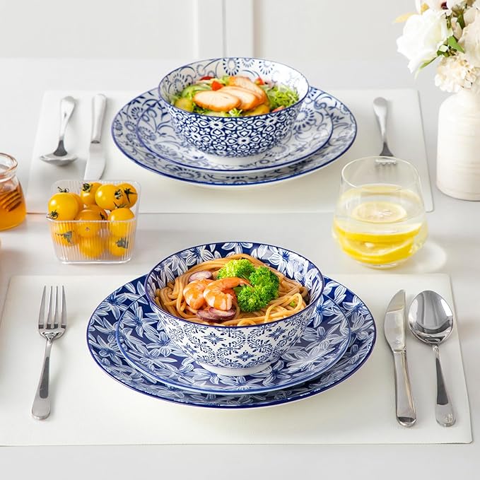 Cereal Bowls Set of 6, 24 oz Blue and White Floral Porcelain