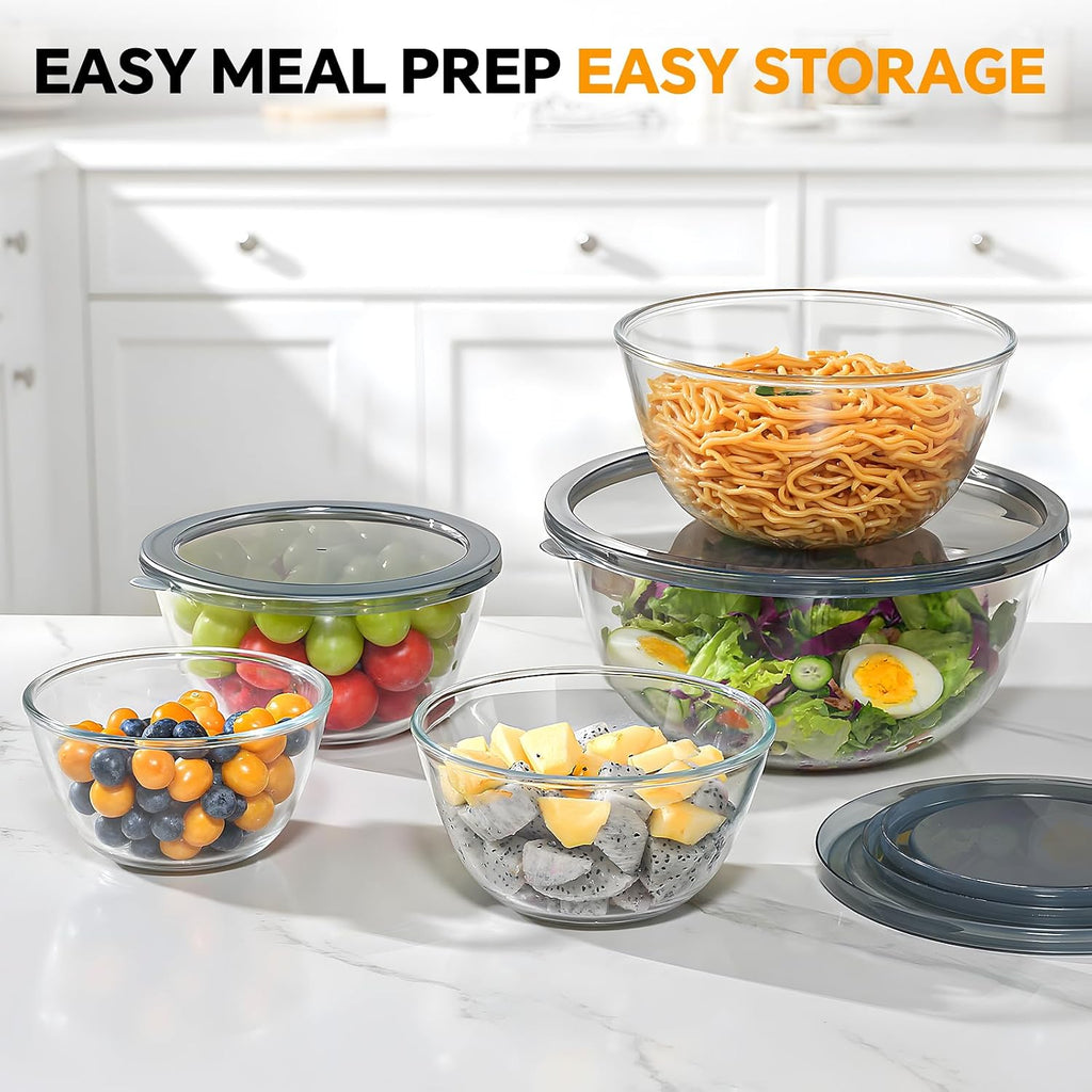 Mixing Bowls Set of 5 with Lids, Clear Borosilicate Glass, Nesting