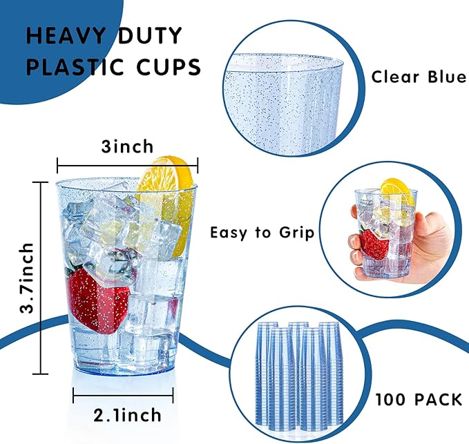 Disposable Party Cups, 10 oz Blue Glitter Plastic, Pack of 100