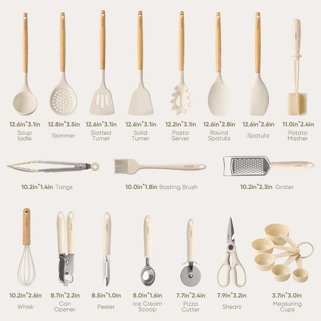Utensil Set, 22 Piece Silicone Cooking Tools with Wood Handles, Cream White