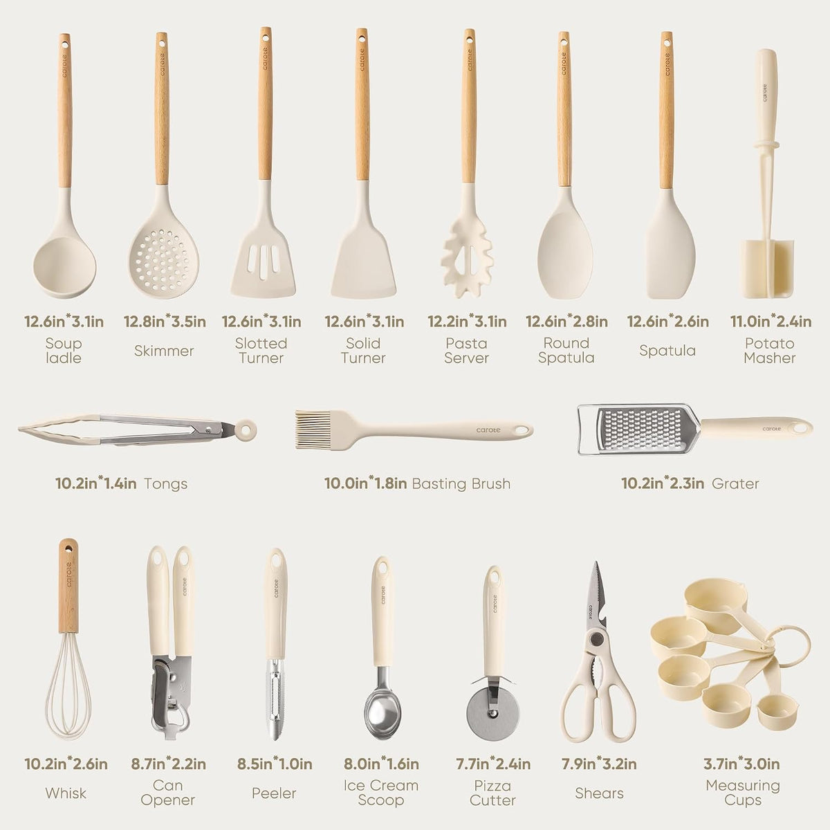 Utensil Set, 22 Piece Silicone Cooking Tools with Wood Handles, Cream White