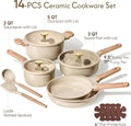 Cookware Set, 14 Piece Oatmeal Ceramic Set with Silicone Lids