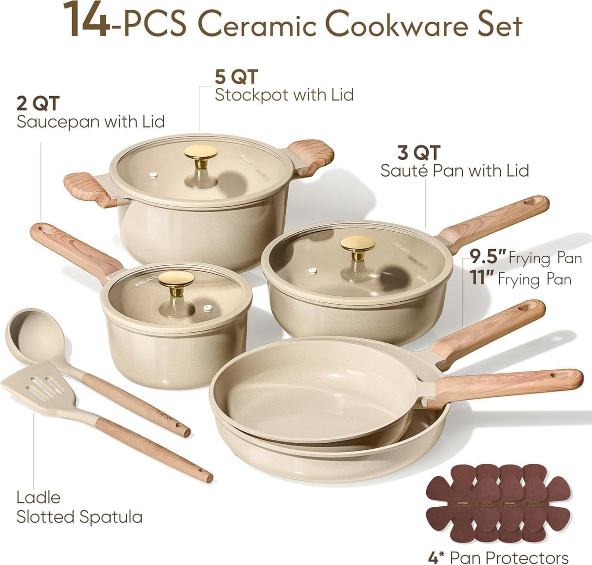 Cookware Set, 14 Piece Oatmeal Ceramic Set with Silicone Lids