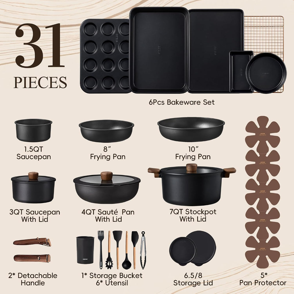 Cookware Set, 31 Pieces, Nonstick, Detachable Handles, Black Aluminum
