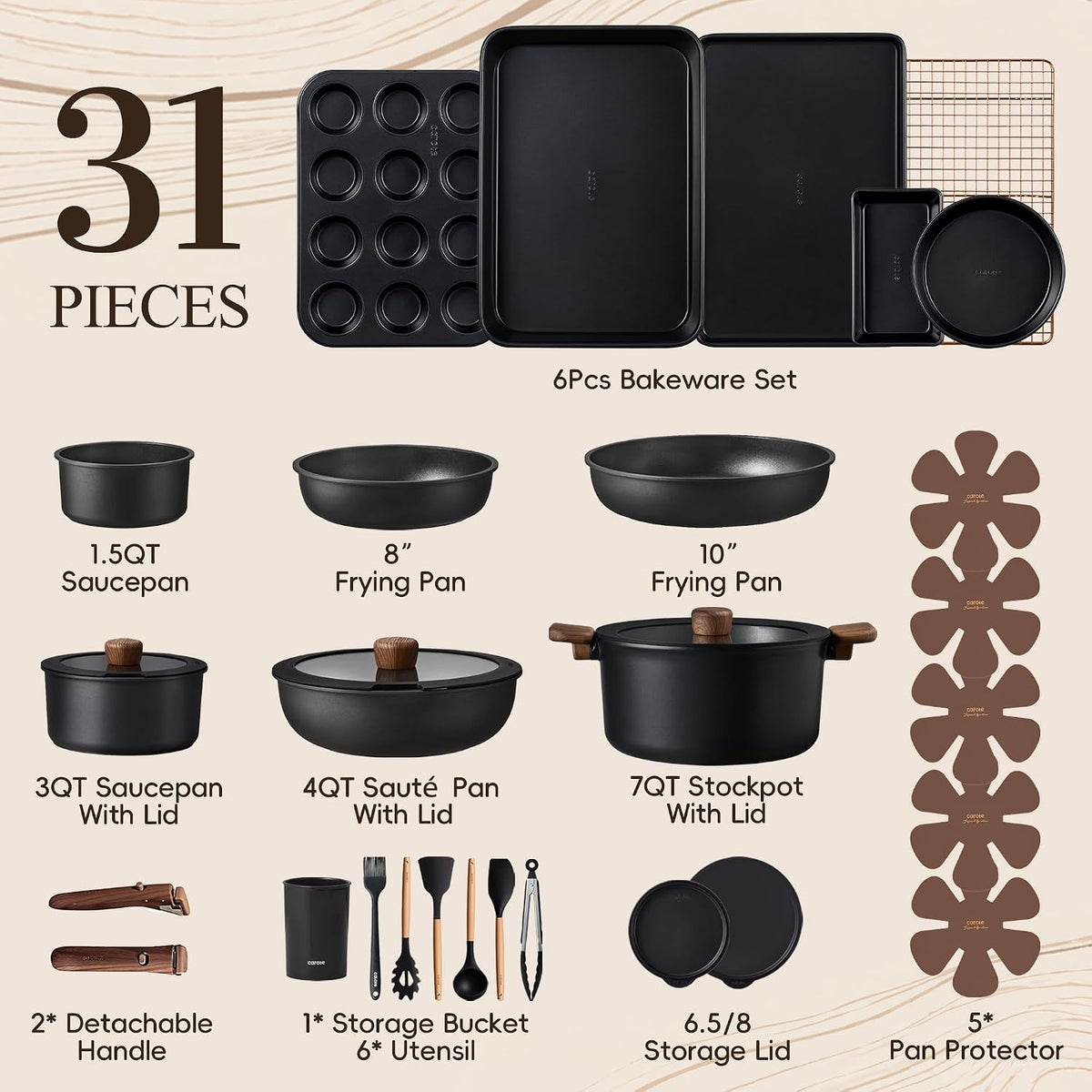 Cookware Set, 31 Pieces, Nonstick, Detachable Handles, Black Aluminum