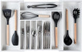 KitchenEdge Premium Silverware, Flatware and Utensil Organizer for Kitchen Drawers, Food-Safe Contract Grade, Expandable from 16 to 28 In, White Bamboo