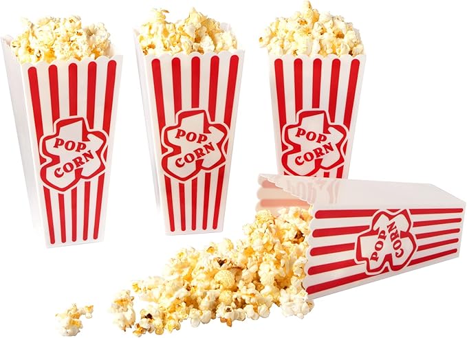 Snack Bowls: 4 Red and White Striped Plastic Popcorn Containers, 34 oz