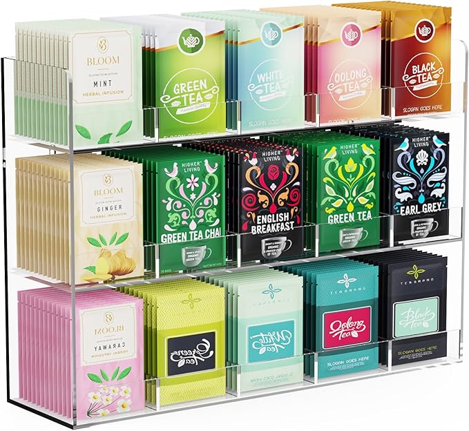 Tea Bag Storage Rack, Wall Mount Acrylic Holder with 15 Slots