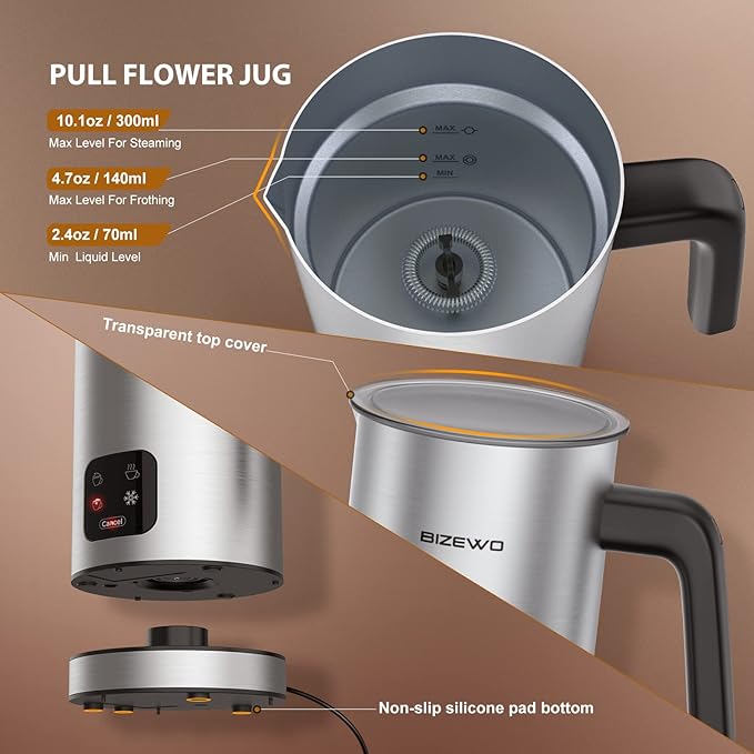 BIZEWO Milk Frother Electric, Warm and Cold Milk Steamer, 4 IN 1 Automatic Milk Warmer Stainless Steel with Touch Screen for Coffee, Latte, Macchiato, Cappuccino, Hot Chocolate