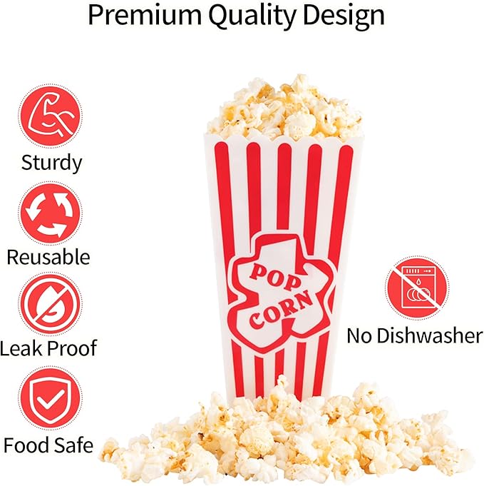 Snack Bowls: 4 Red and White Striped Plastic Popcorn Containers, 34 oz