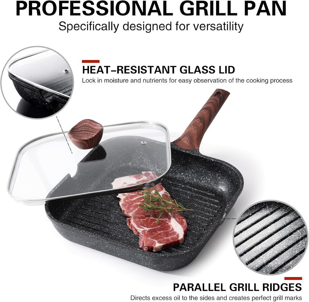 Nonstick Grilling Pan with Lid for Stove Tops, 11 Inch Square Grill Pan – features