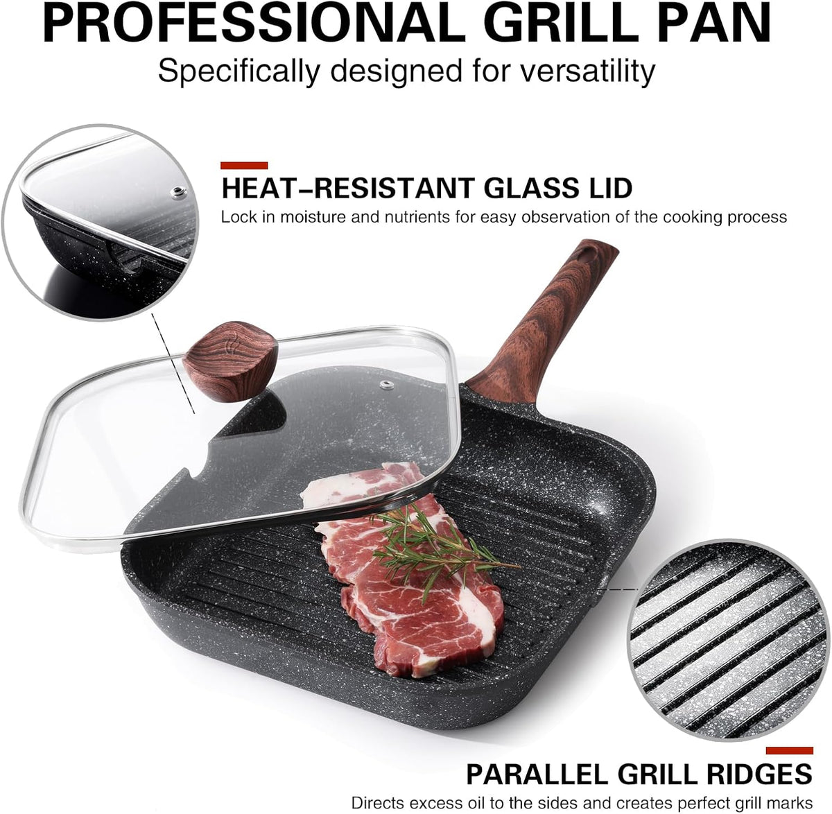 Nonstick Grilling Pan with Lid for Stove Tops, 11 Inch Square Grill Pan – features